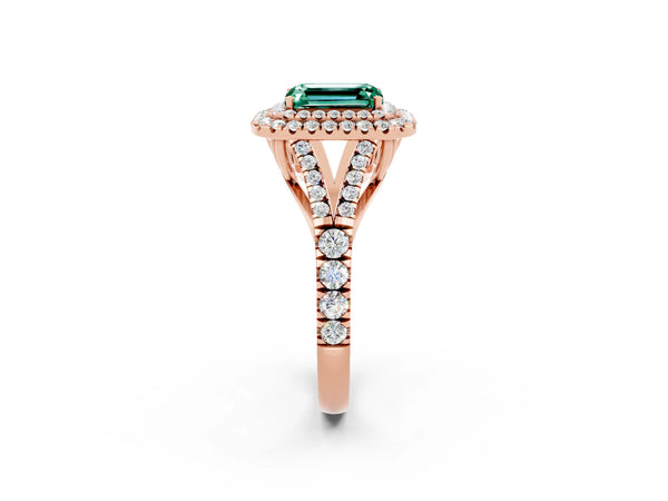 Rose gold Emerald Cut Green Sapphire Double Halo Ring with Split Shank and Prong Setting