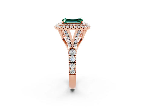 Rose gold Emerald Cut Green Sapphire Double Halo Ring with Split Shank and Prong Setting_14