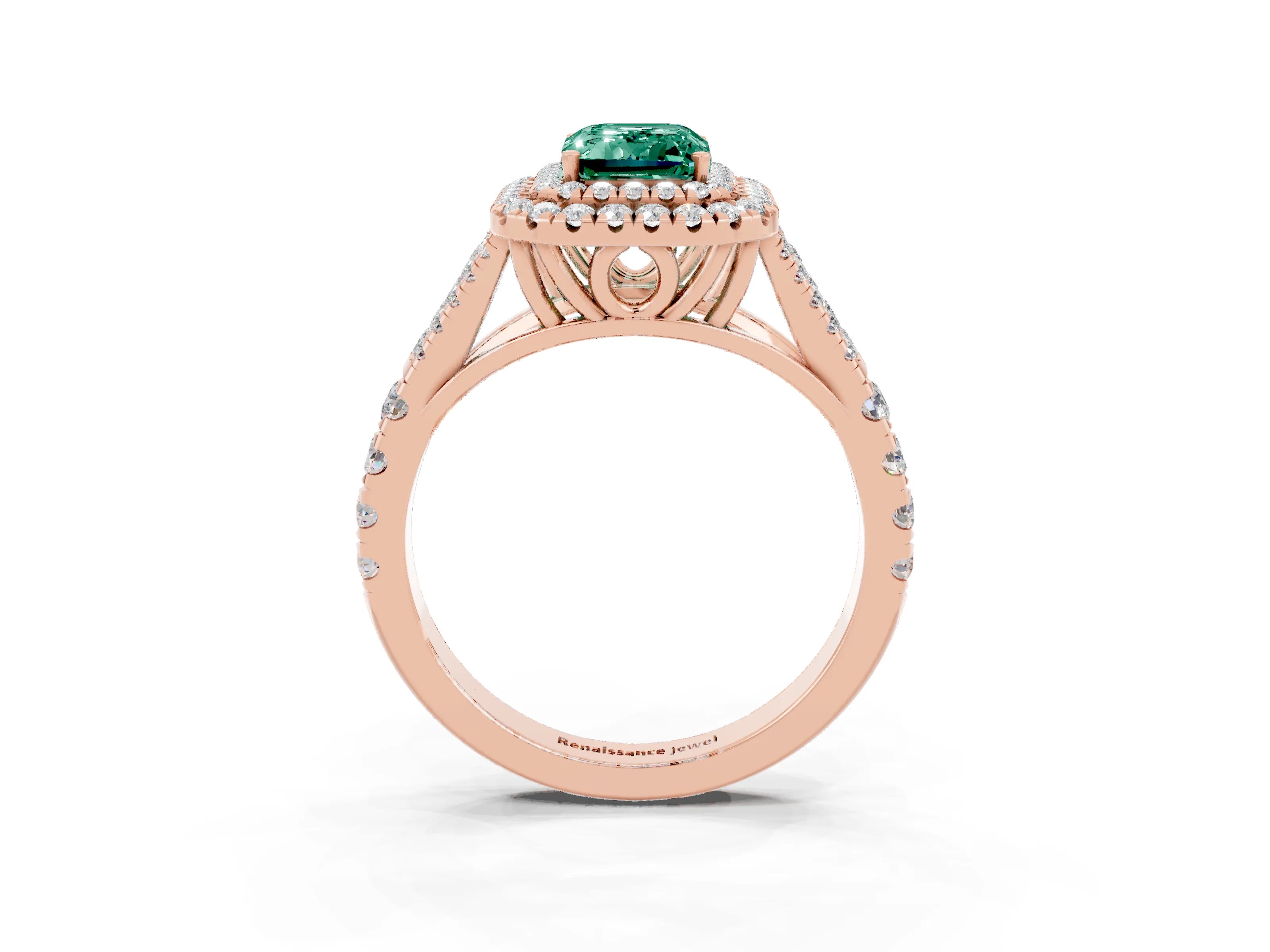 Rose gold Emerald Cut Green Sapphire Double Halo Ring with Split Shank and Prong Setting_15