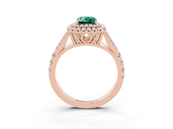 Rose gold Emerald Cut Green Sapphire Double Halo Ring with Split Shank and Prong Setting