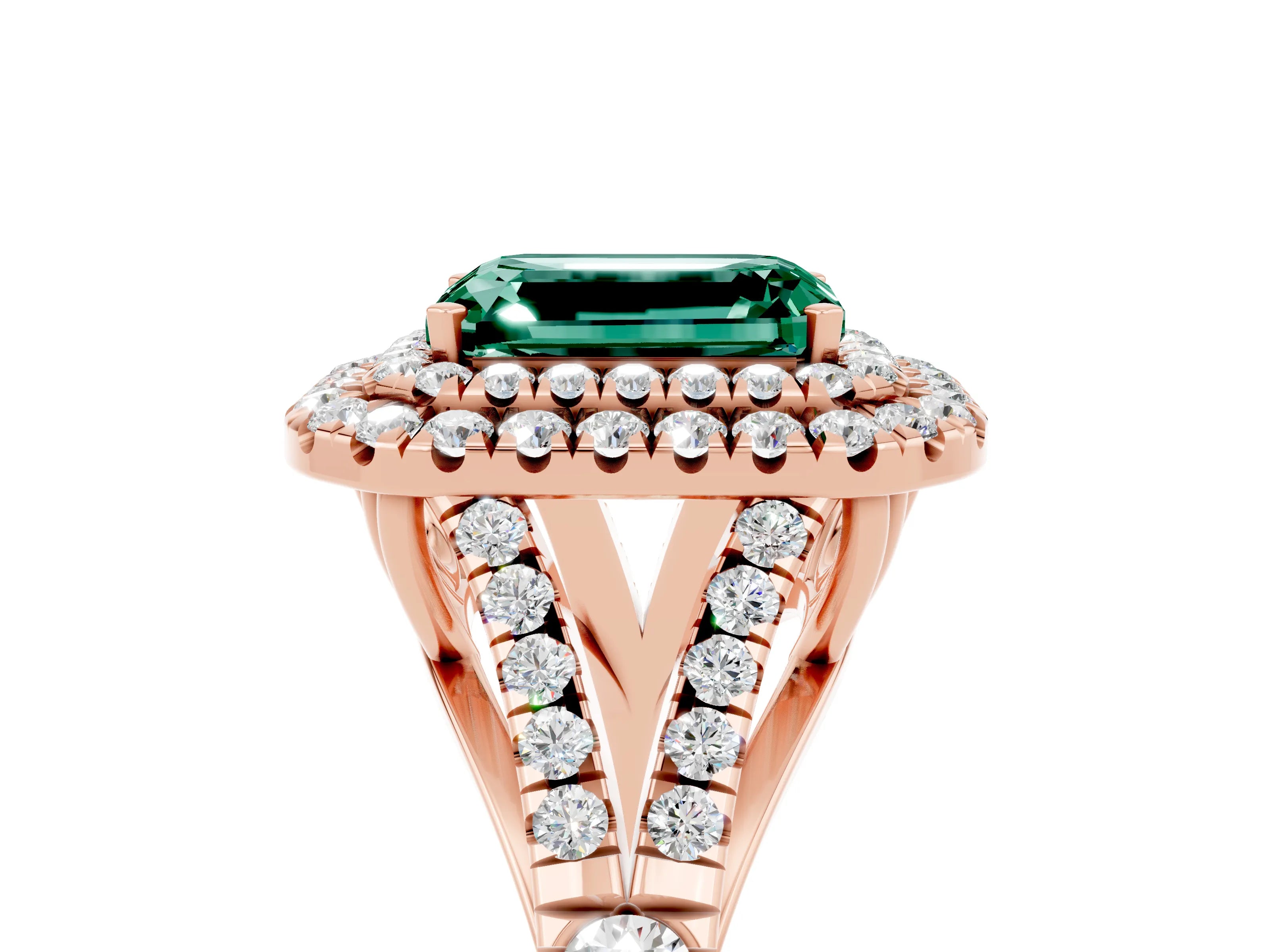 Rose gold Emerald Cut Green Sapphire Double Halo Ring with Split Shank and Prong Setting_17