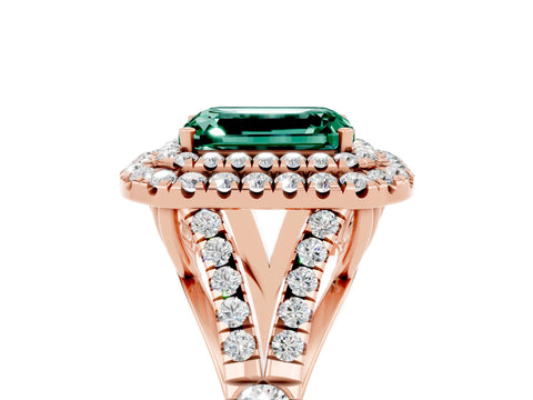 Rose gold Emerald Cut Green Sapphire Double Halo Ring with Split Shank and Prong Setting_17