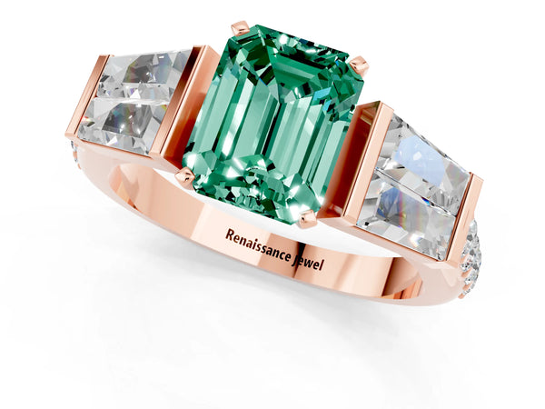 Rose gold Emerald Cut Green Sapphire Engagement Ring with Baguette Side Stones and Channel Set Band