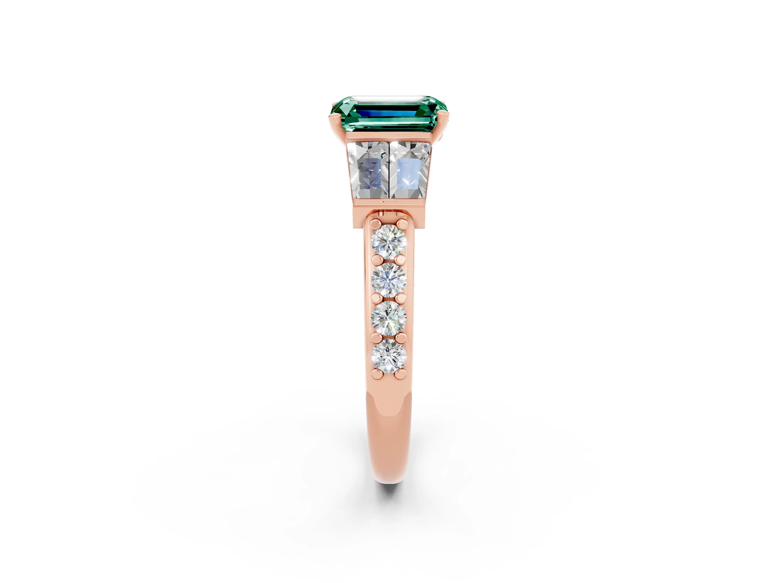 Rose gold Emerald Cut Green Sapphire Engagement Ring with Baguette Side Stones and Channel Set Band_2