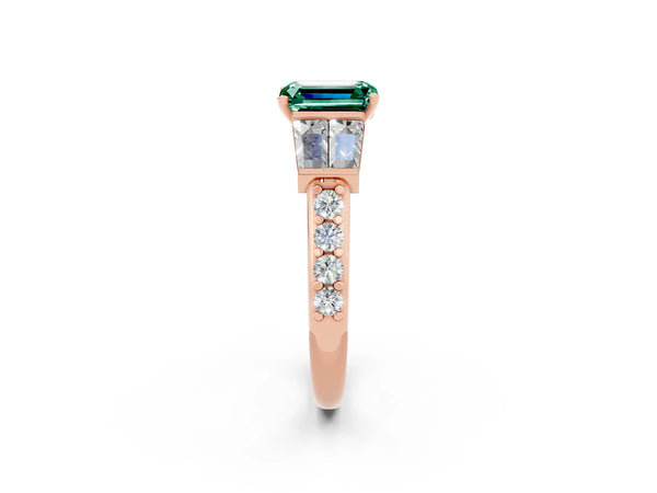 Rose gold Emerald Cut Green Sapphire Engagement Ring with Baguette Side Stones and Channel Set Band