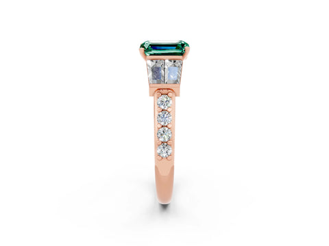 Rose gold Emerald Cut Green Sapphire Engagement Ring with Baguette Side Stones and Channel Set Band_2