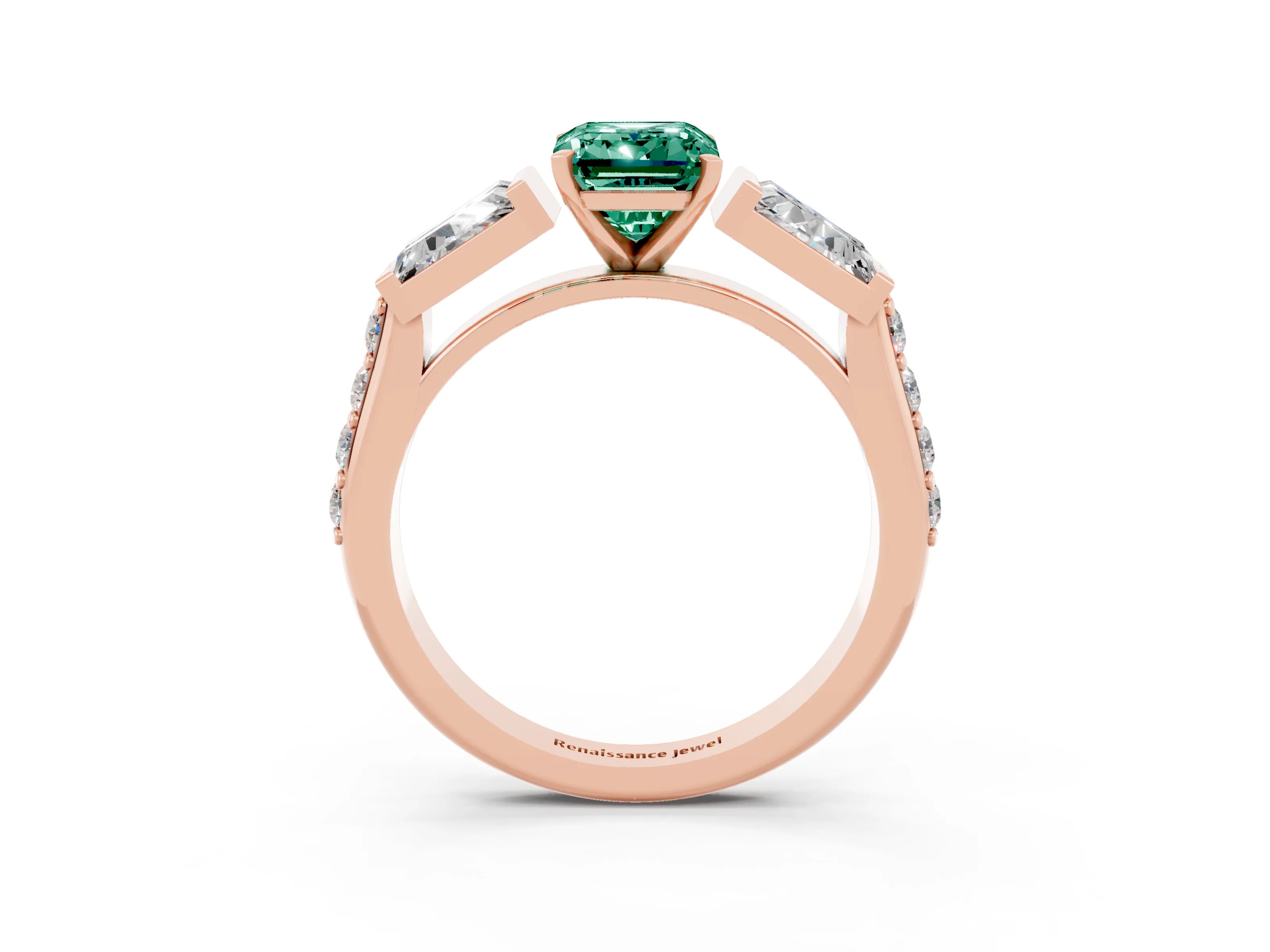 Rose gold Emerald Cut Green Sapphire Engagement Ring with Baguette Side Stones and Channel Set Band_3