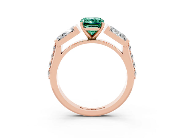 Rose gold Emerald Cut Green Sapphire Engagement Ring with Baguette Side Stones and Channel Set Band