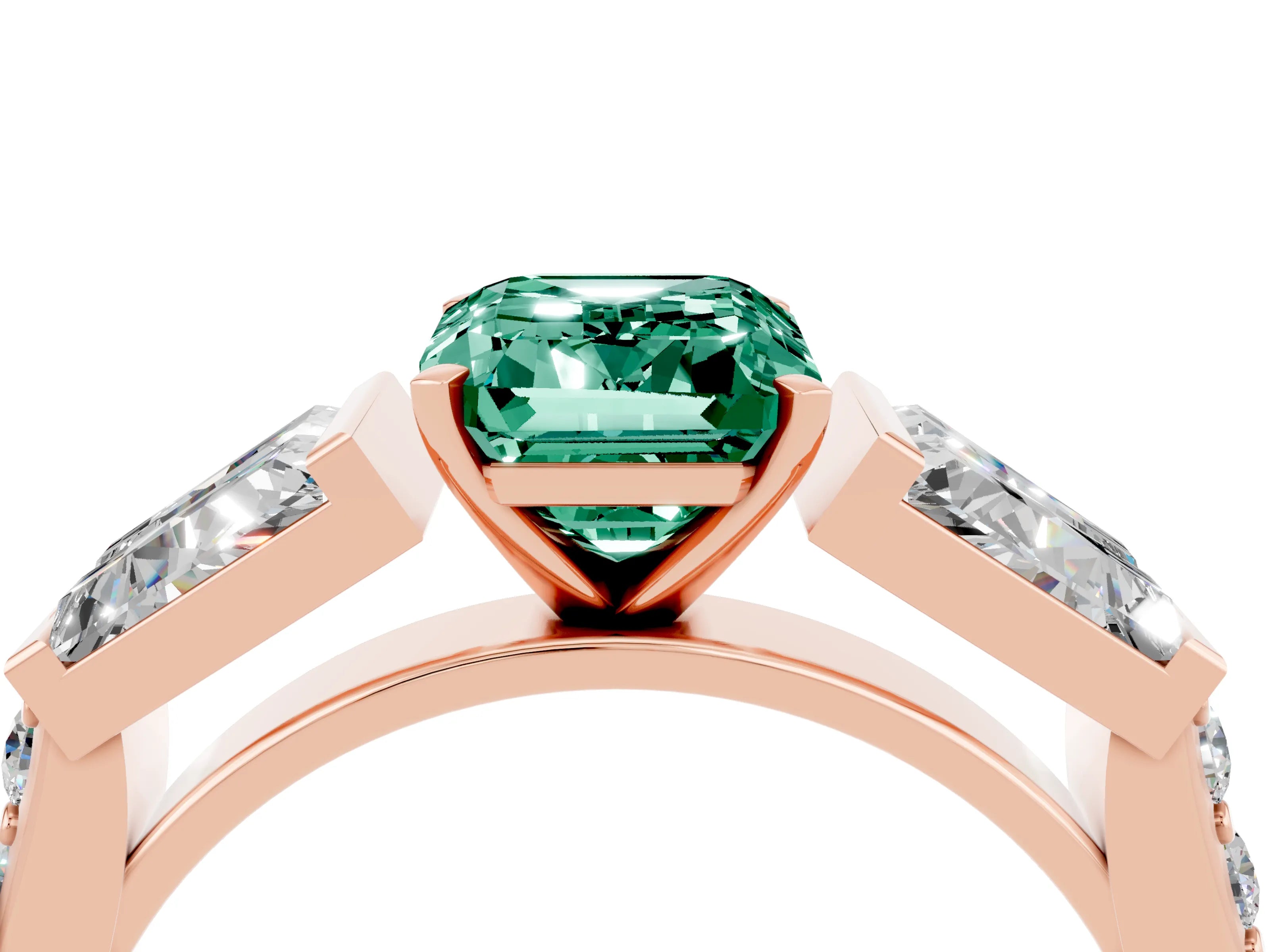 Rose gold Emerald Cut Green Sapphire Engagement Ring with Baguette Side Stones and Channel Set Band_4