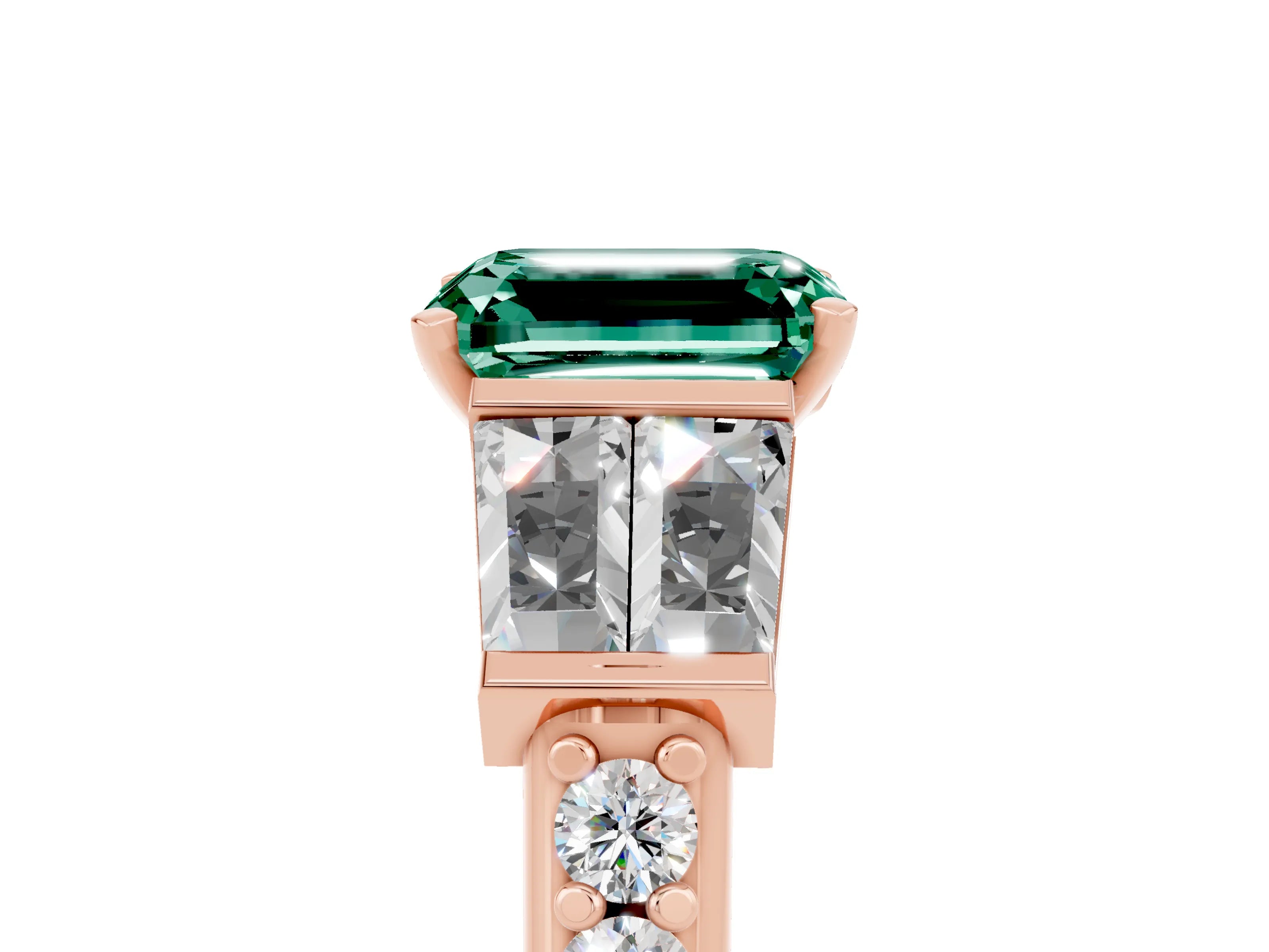 Rose gold Emerald Cut Green Sapphire Engagement Ring with Baguette Side Stones and Channel Set Band_5