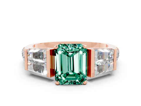 Rose gold Emerald Cut Green Sapphire Engagement Ring with Baguette Side Stones and Channel Set Band