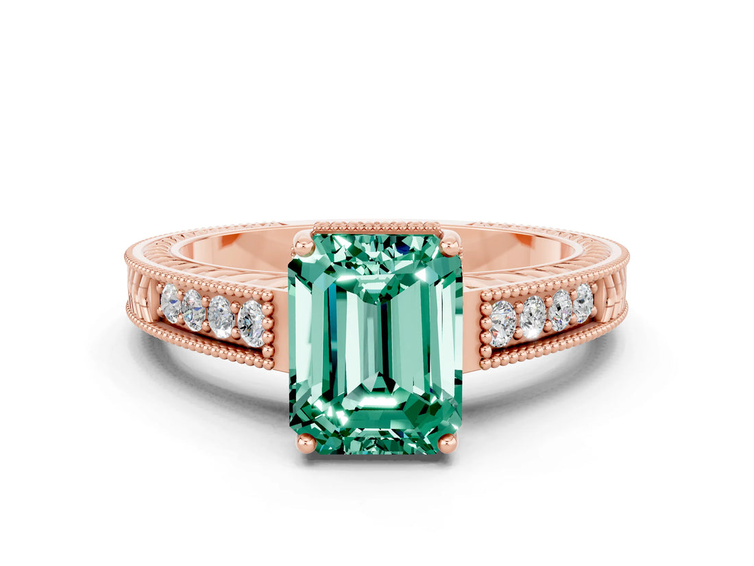 Rose gold Emerald Cut Green Sapphire Engagement Ring with Milgrain Channel Set Band and Prong Setting