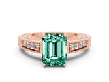 Rose gold Emerald Cut Green Sapphire Engagement Ring with Milgrain Channel Set Band and Prong Setting