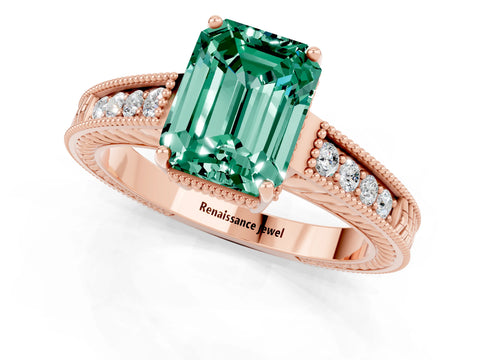 Rose gold Emerald Cut Green Sapphire Engagement Ring with Milgrain Channel Set Band and Prong Setting_1