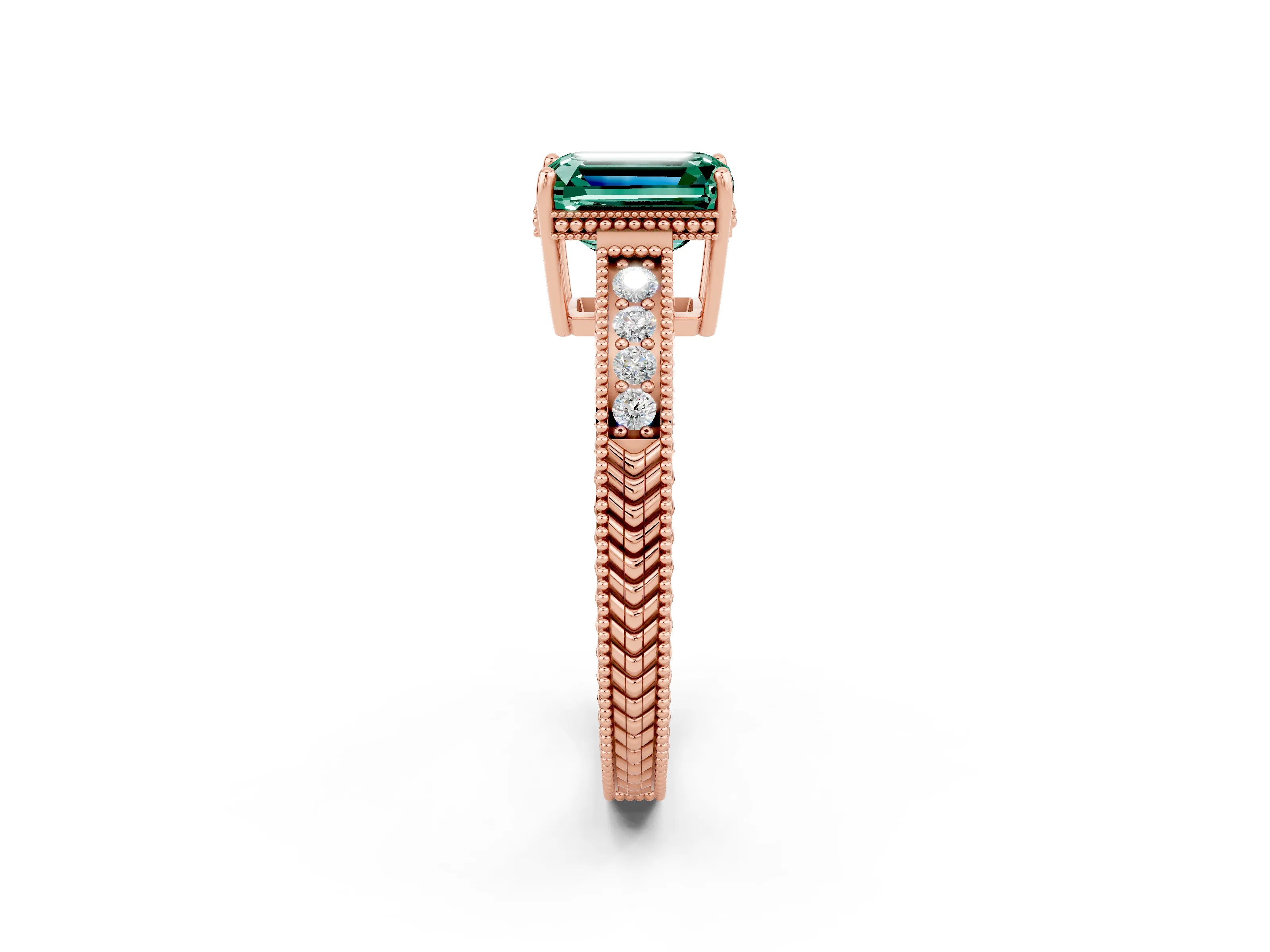 Rose gold Emerald Cut Green Sapphire Engagement Ring with Milgrain Channel Set Band and Prong Setting_2
