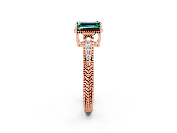 Rose gold Emerald Cut Green Sapphire Engagement Ring with Milgrain Channel Set Band and Prong Setting