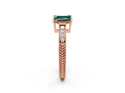 Rose gold Emerald Cut Green Sapphire Engagement Ring with Milgrain Channel Set Band and Prong Setting_2