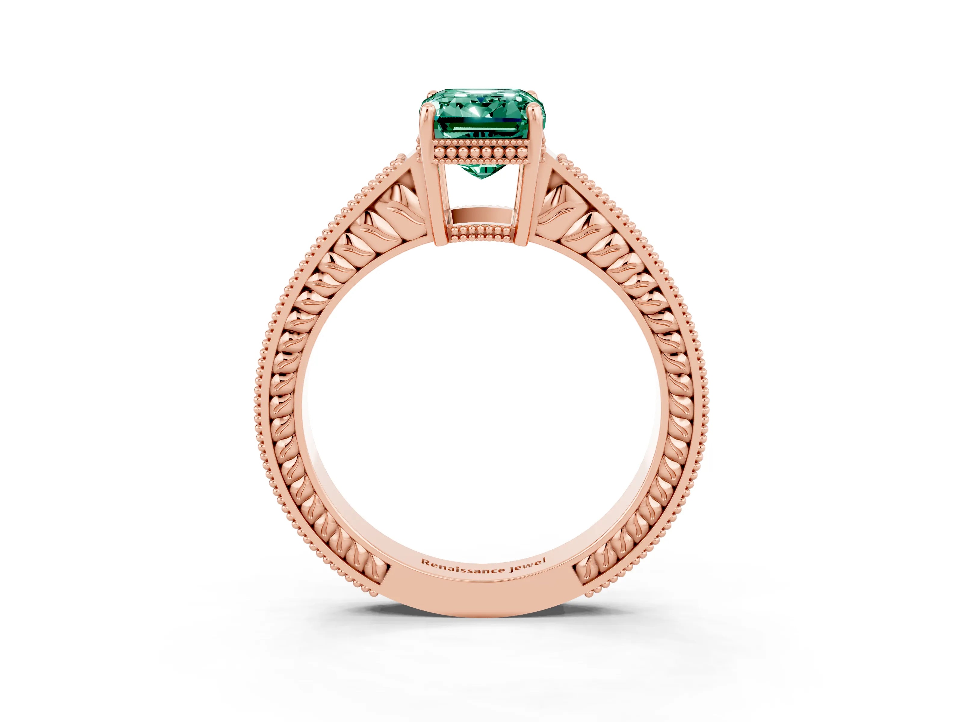 Rose gold Emerald Cut Green Sapphire Engagement Ring with Milgrain Channel Set Band and Prong Setting_3