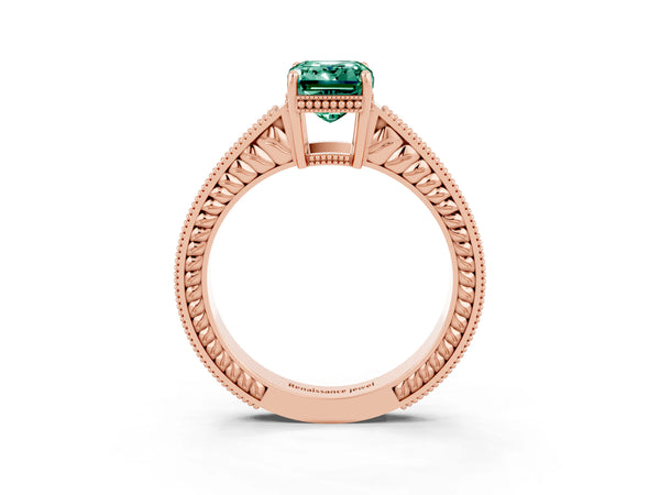 Rose gold Emerald Cut Green Sapphire Engagement Ring with Milgrain Channel Set Band and Prong Setting