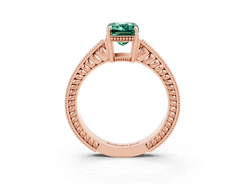 Rose gold Emerald Cut Green Sapphire Engagement Ring with Milgrain Channel Set Band and Prong Setting_3