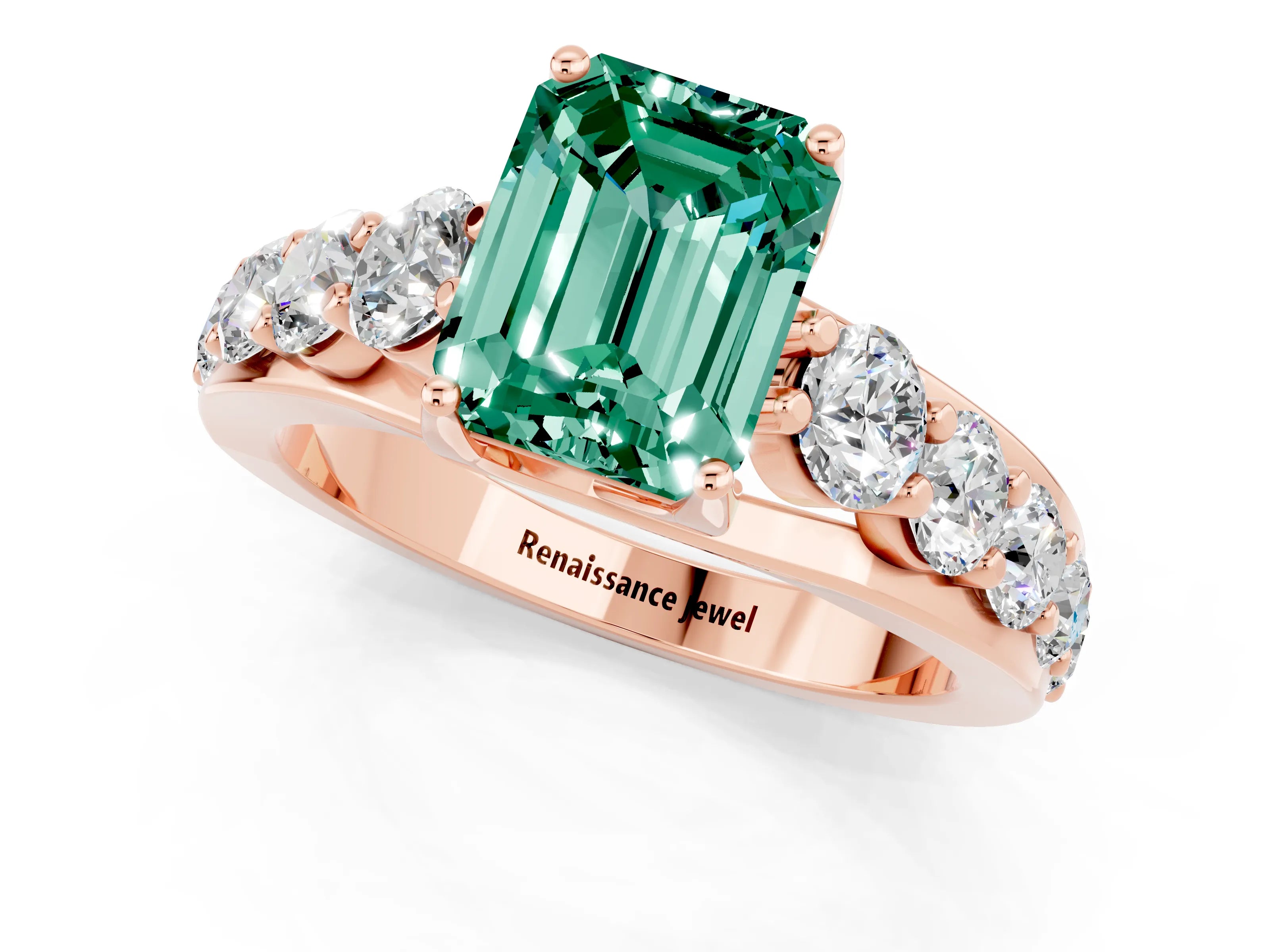 Rose gold Emerald Cut Green Sapphire Engagement Ring with Pavé Band and Four-Prong Setting_1
