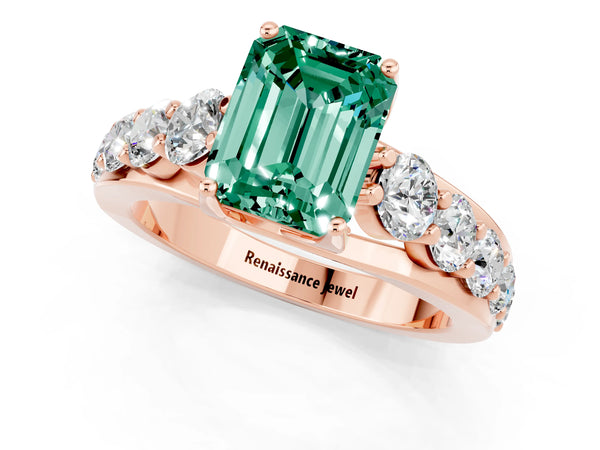 Rose gold Emerald Cut Green Sapphire Engagement Ring with Pavé Band and Four-Prong Setting
