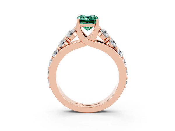 Rose gold Emerald Cut Green Sapphire Engagement Ring with Pavé Band and Four-Prong Setting