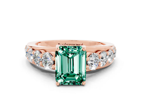 Rose gold Emerald Cut Green Sapphire Engagement Ring with Pavé Band and Four-Prong Setting