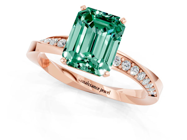 Rose gold Emerald Cut Green Sapphire Engagement Ring with Side Stone Accents and Four-Prong Setting