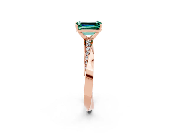 Rose gold Emerald Cut Green Sapphire Engagement Ring with Side Stone Accents and Four-Prong Setting