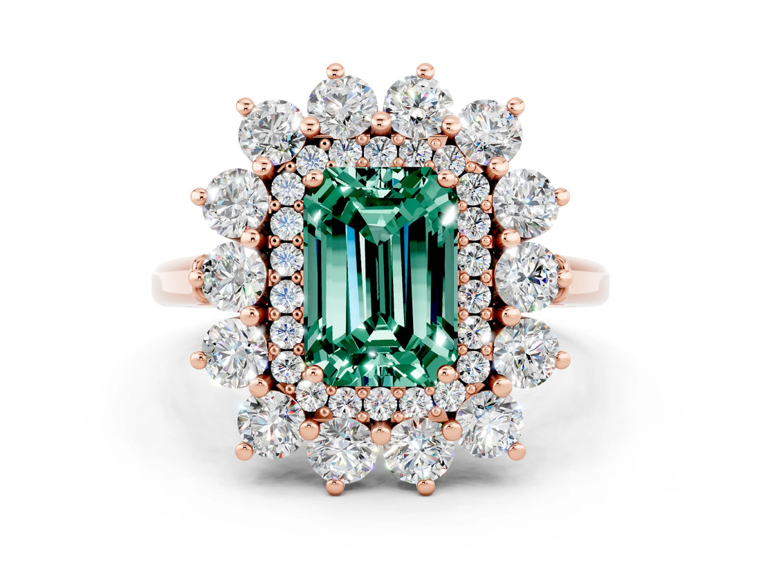 Rose gold Emerald Cut Green Sapphire Floral Double Halo Engagement Ring with Prong Setting_60
