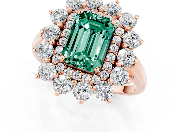 Rose gold Emerald Cut Green Sapphire Floral Double Halo Engagement Ring with Prong Setting
