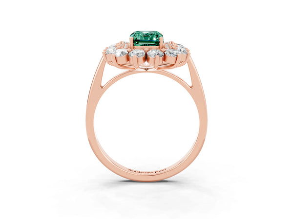 Rose gold Emerald Cut Green Sapphire Floral Double Halo Engagement Ring with Prong Setting