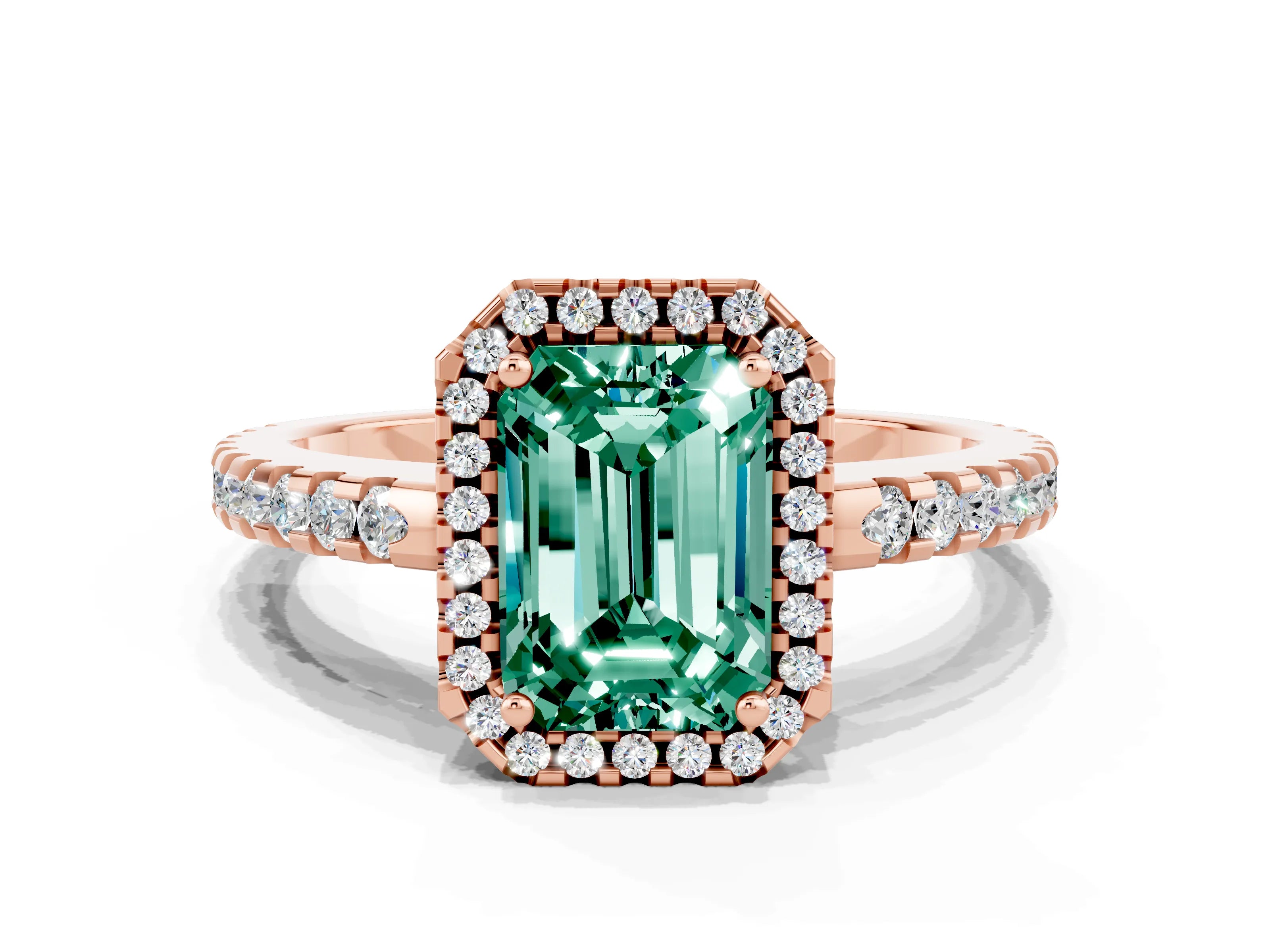 Rose gold Emerald Cut Green Sapphire Halo Engagement Ring with Pavé Band and Prong Setting_12