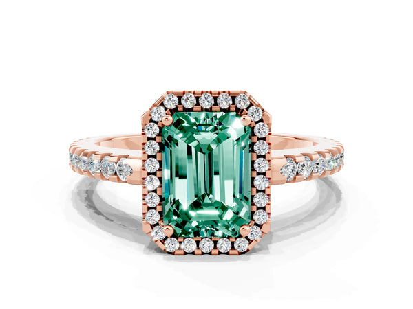 Rose gold Emerald Cut Green Sapphire Halo Engagement Ring with Pavé Band and Prong Setting