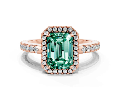 Rose gold Emerald Cut Green Sapphire Halo Engagement Ring with Pavé Band and Prong Setting_12