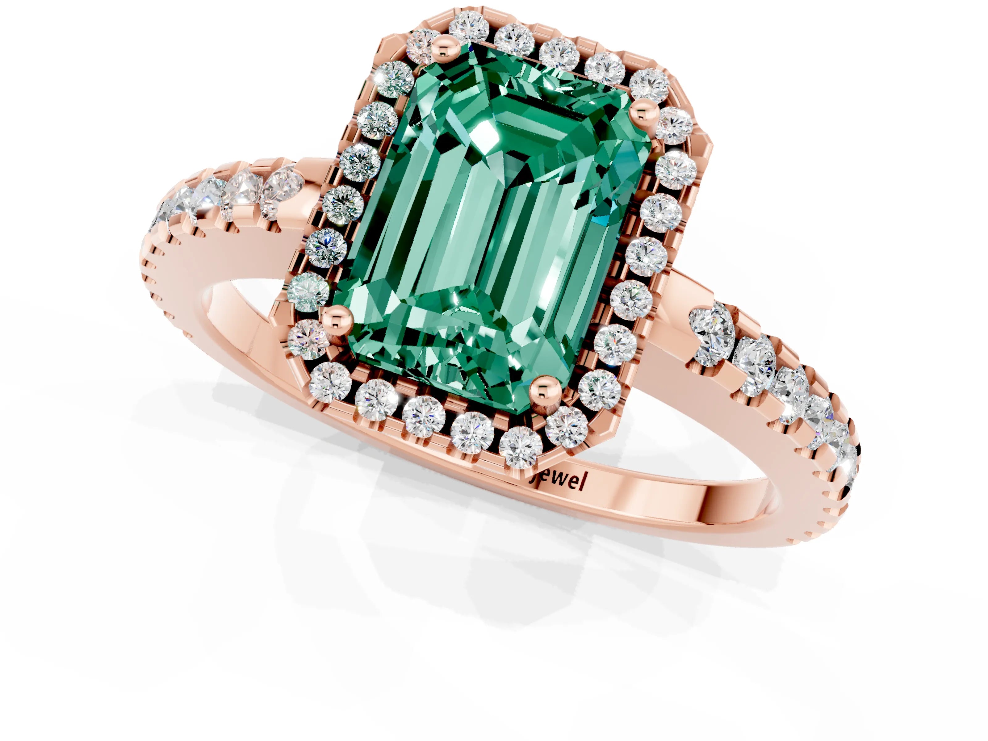 Rose gold Emerald Cut Green Sapphire Halo Engagement Ring with Pavé Band and Prong Setting_13