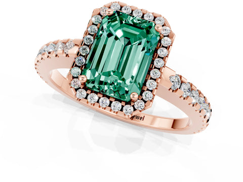 Rose gold Emerald Cut Green Sapphire Halo Engagement Ring with Pavé Band and Prong Setting_13