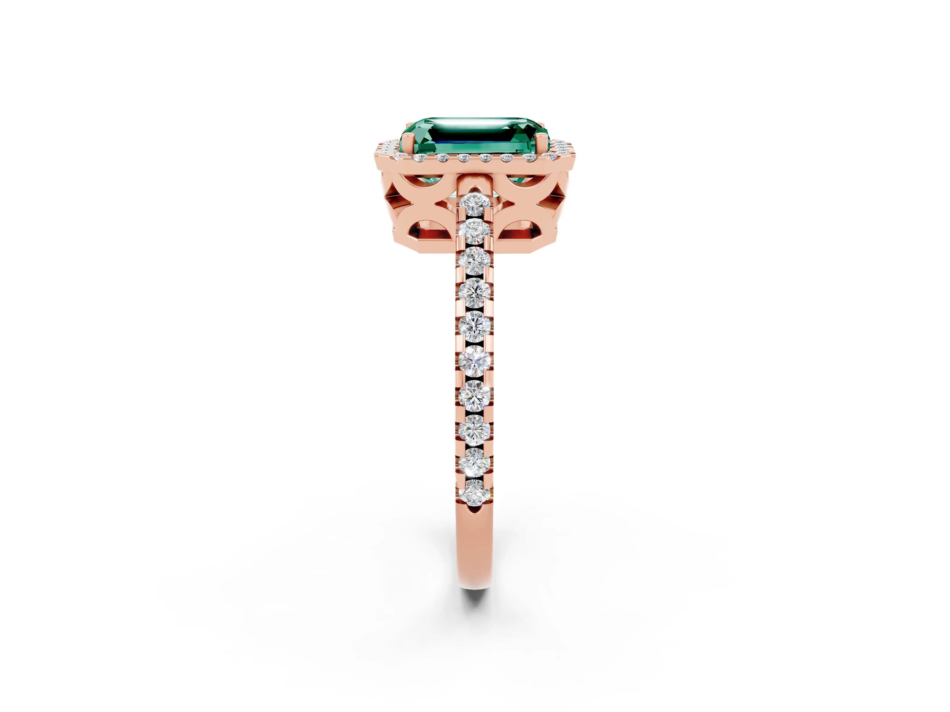 Rose gold Emerald Cut Green Sapphire Halo Engagement Ring with Pavé Band and Prong Setting_14