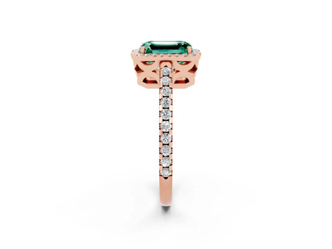 Rose gold Emerald Cut Green Sapphire Halo Engagement Ring with Pavé Band and Prong Setting_14