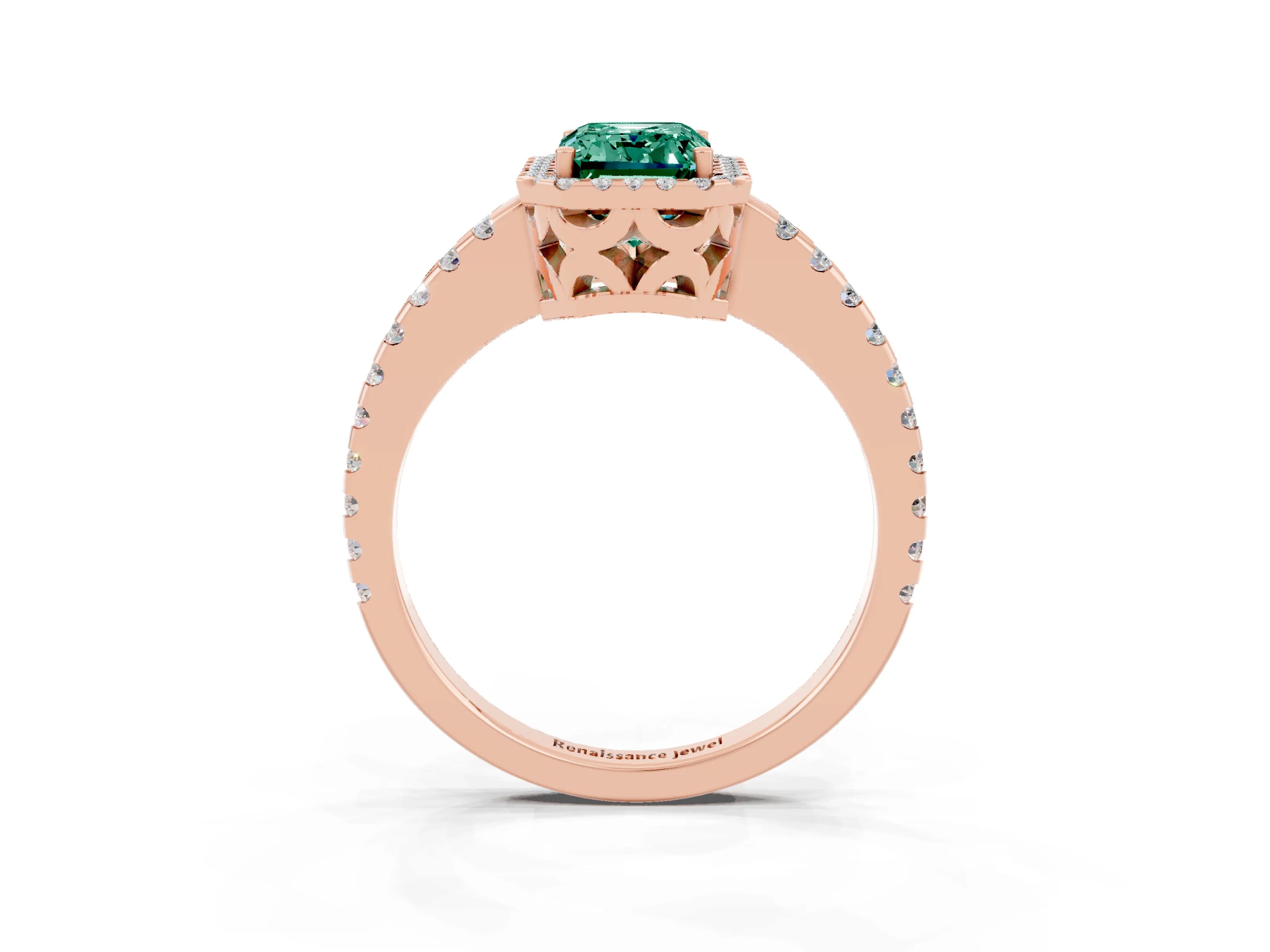 Rose gold Emerald Cut Green Sapphire Halo Engagement Ring with Pavé Band and Prong Setting_15