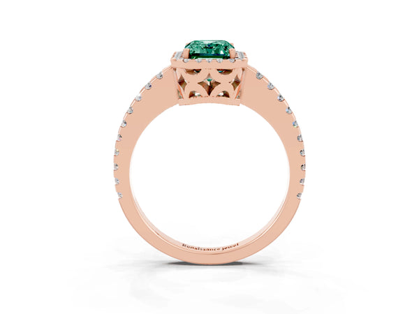 Rose gold Emerald Cut Green Sapphire Halo Engagement Ring with Pavé Band and Prong Setting
