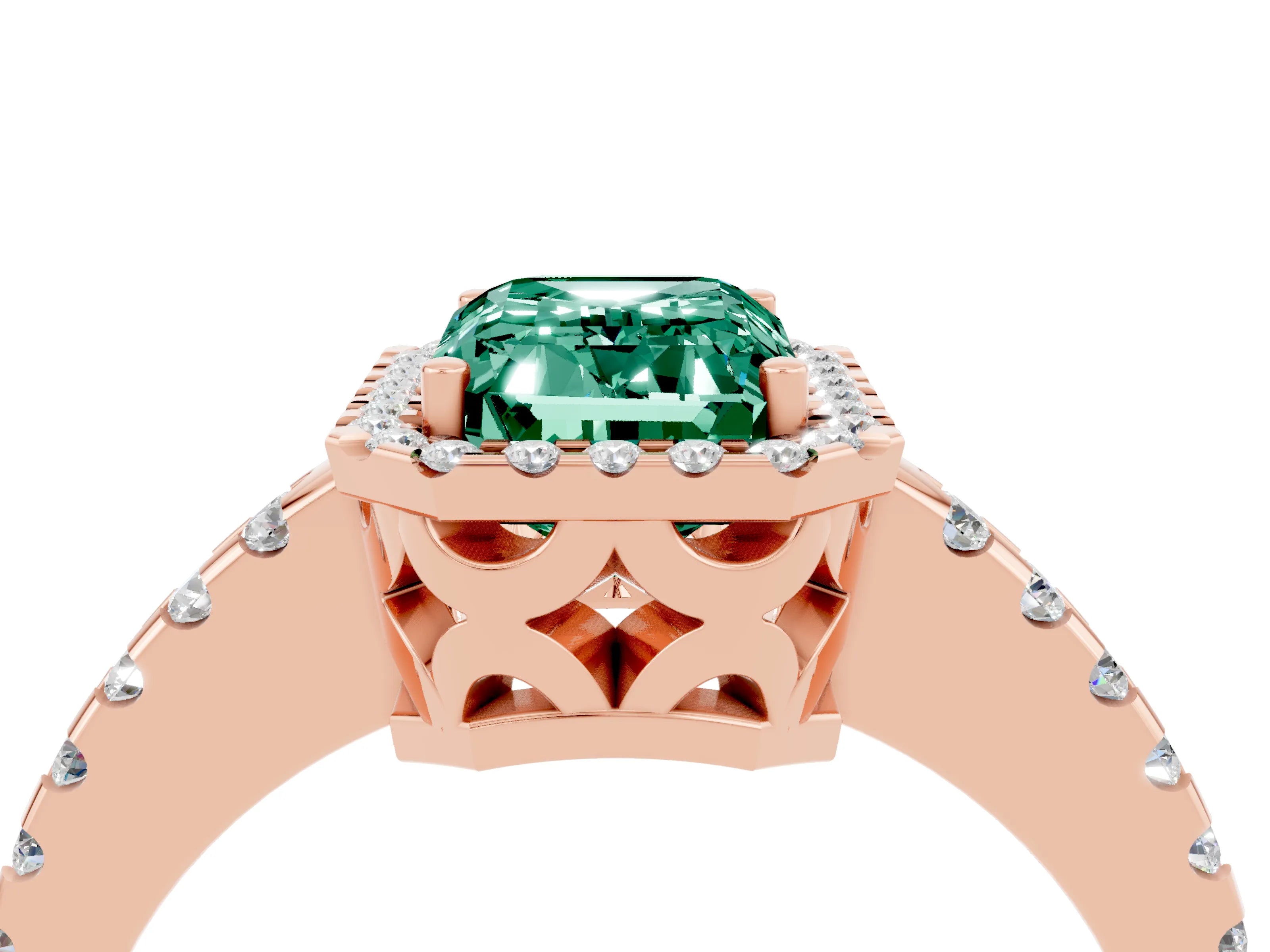 Rose gold Emerald Cut Green Sapphire Halo Engagement Ring with Pavé Band and Prong Setting_16