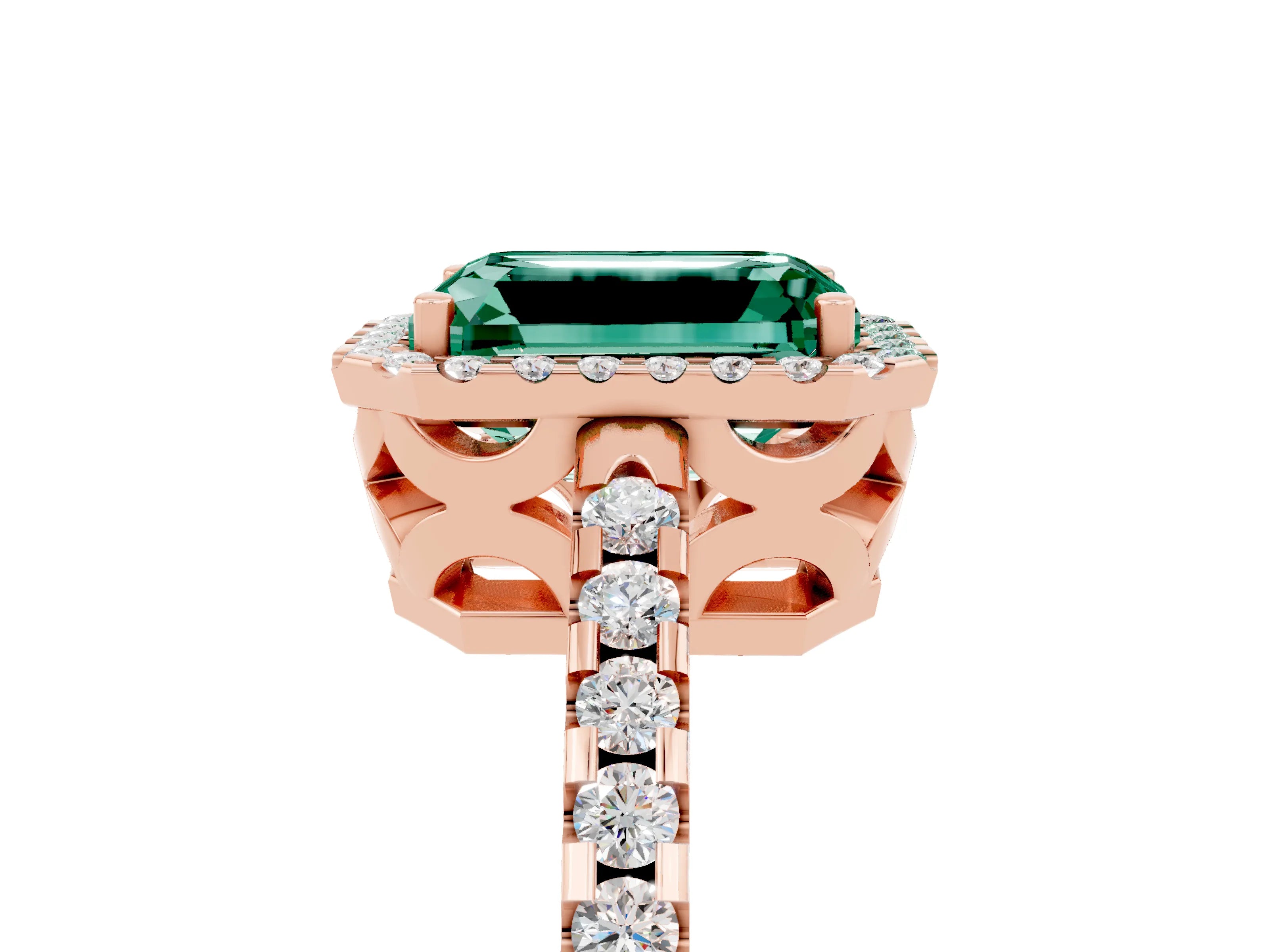 Rose gold Emerald Cut Green Sapphire Halo Engagement Ring with Pavé Band and Prong Setting_17