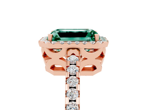 Rose gold Emerald Cut Green Sapphire Halo Engagement Ring with Pavé Band and Prong Setting_17
