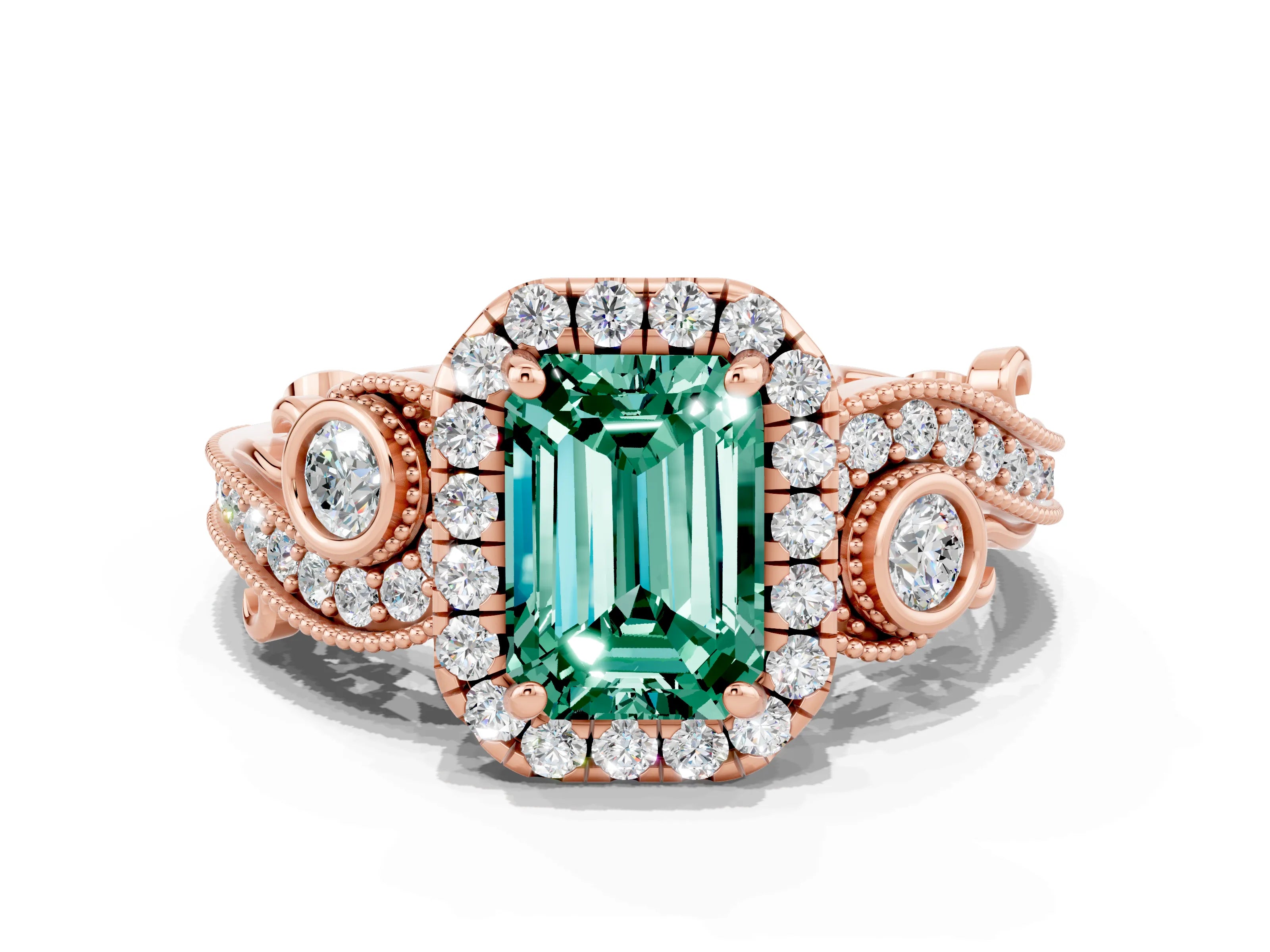 Rose gold Emerald Cut Green Sapphire Halo Ring with Milgrain Pavé Band and Four-Prong Setting_12
