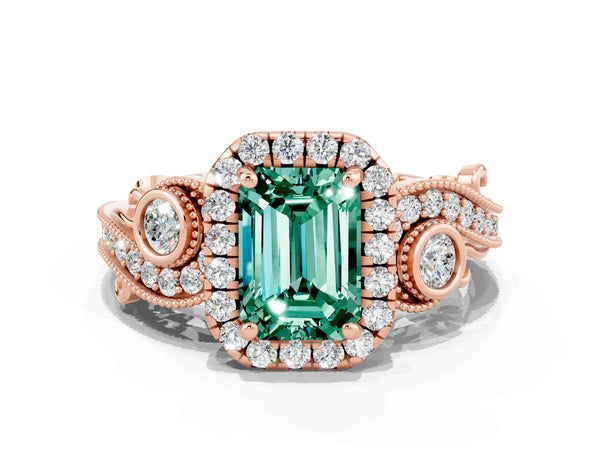 Rose gold Emerald Cut Green Sapphire Halo Ring with Milgrain Pavé Band and Four-Prong Setting