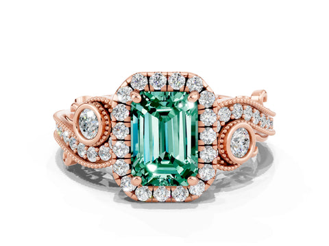 Rose gold Emerald Cut Green Sapphire Halo Ring with Milgrain Pavé Band and Four-Prong Setting_12