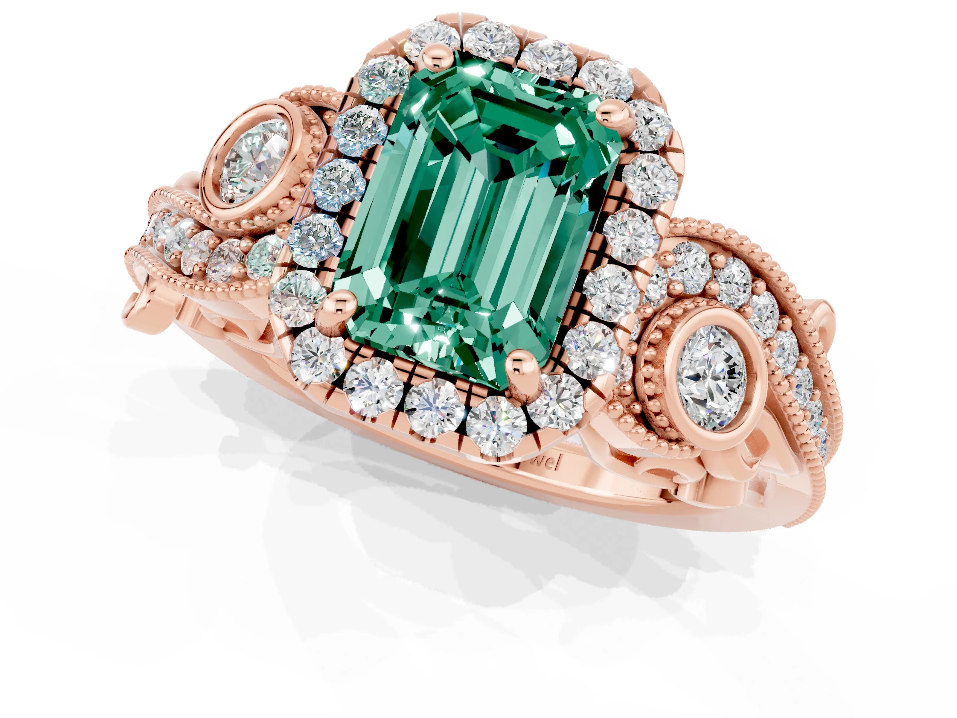 Rose gold Emerald Cut Green Sapphire Halo Ring with Milgrain Pavé Band and Four-Prong Setting_13