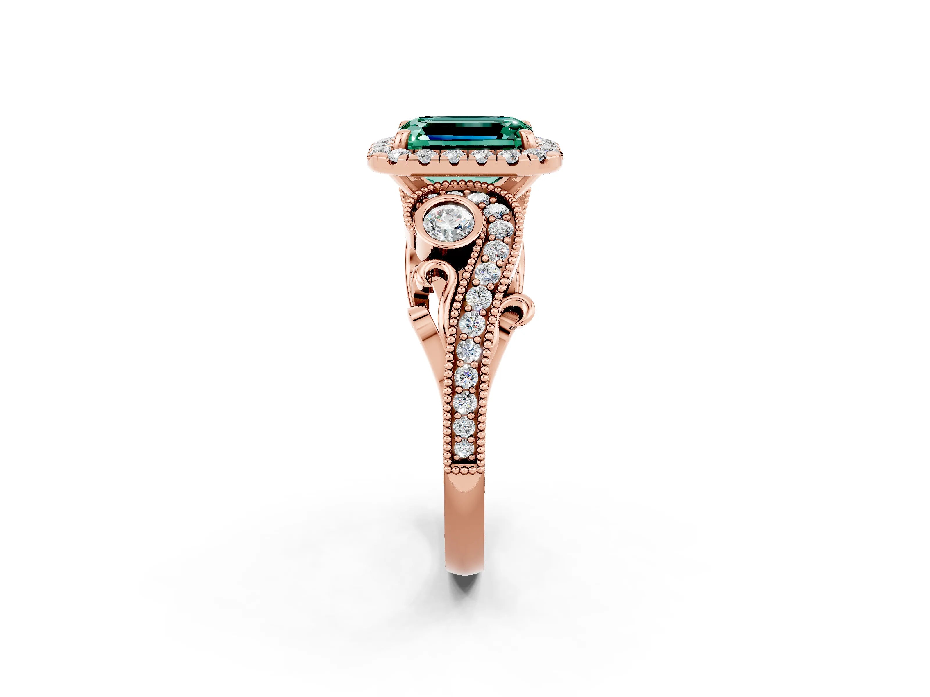 Rose gold Emerald Cut Green Sapphire Halo Ring with Milgrain Pavé Band and Four-Prong Setting_14